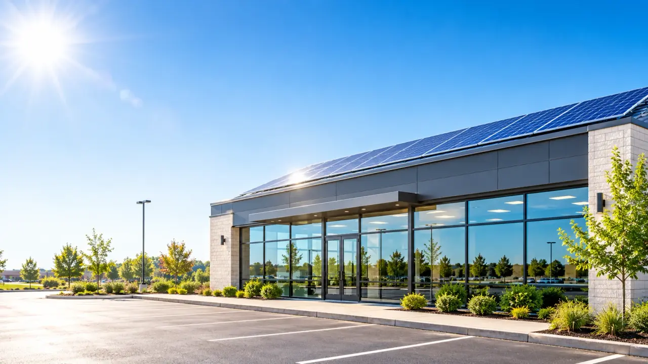 Bâtiment tertiaire équipé de panneaux solaires photovoltaïques en toiture